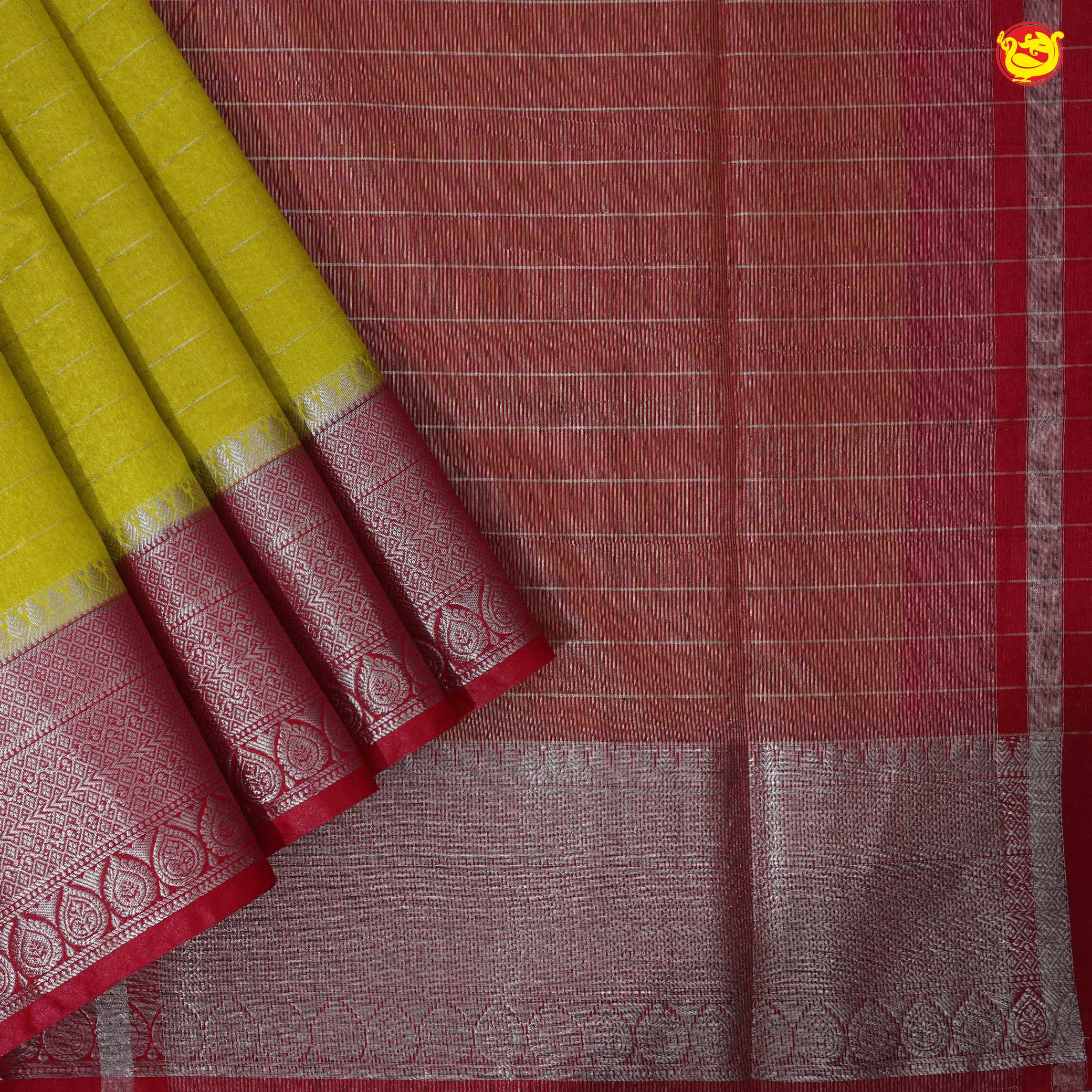 Mustard Yellow With Strawberry Red Stripes Design Semi Silk Blend Saree With Double Blouse Concept