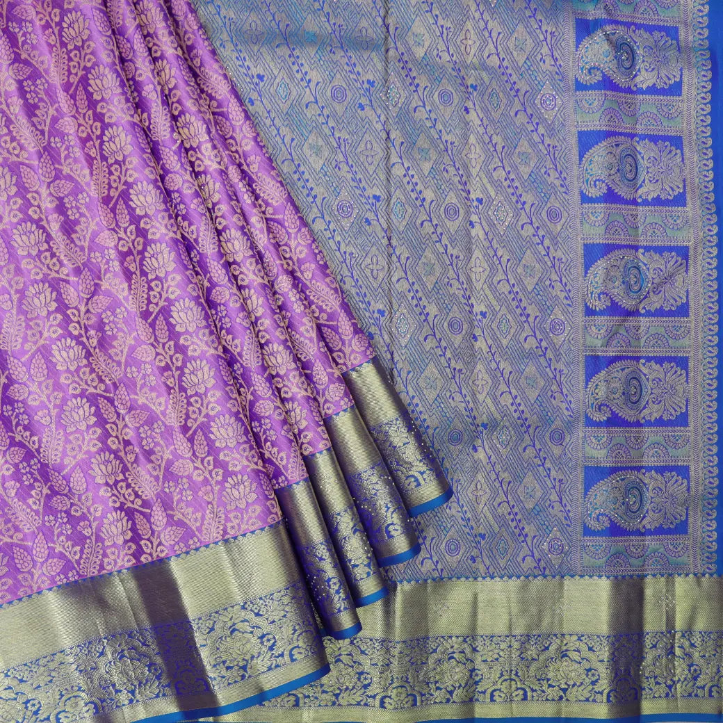 Magenta with Blue Gold Zari Border Wedding Silk Saree