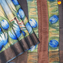 Pure Tussar Silk Saree Turquoise Blue and Dark Grey Shade With Floral Design and Painted Prints and Zari Woven Border - Thenianantham