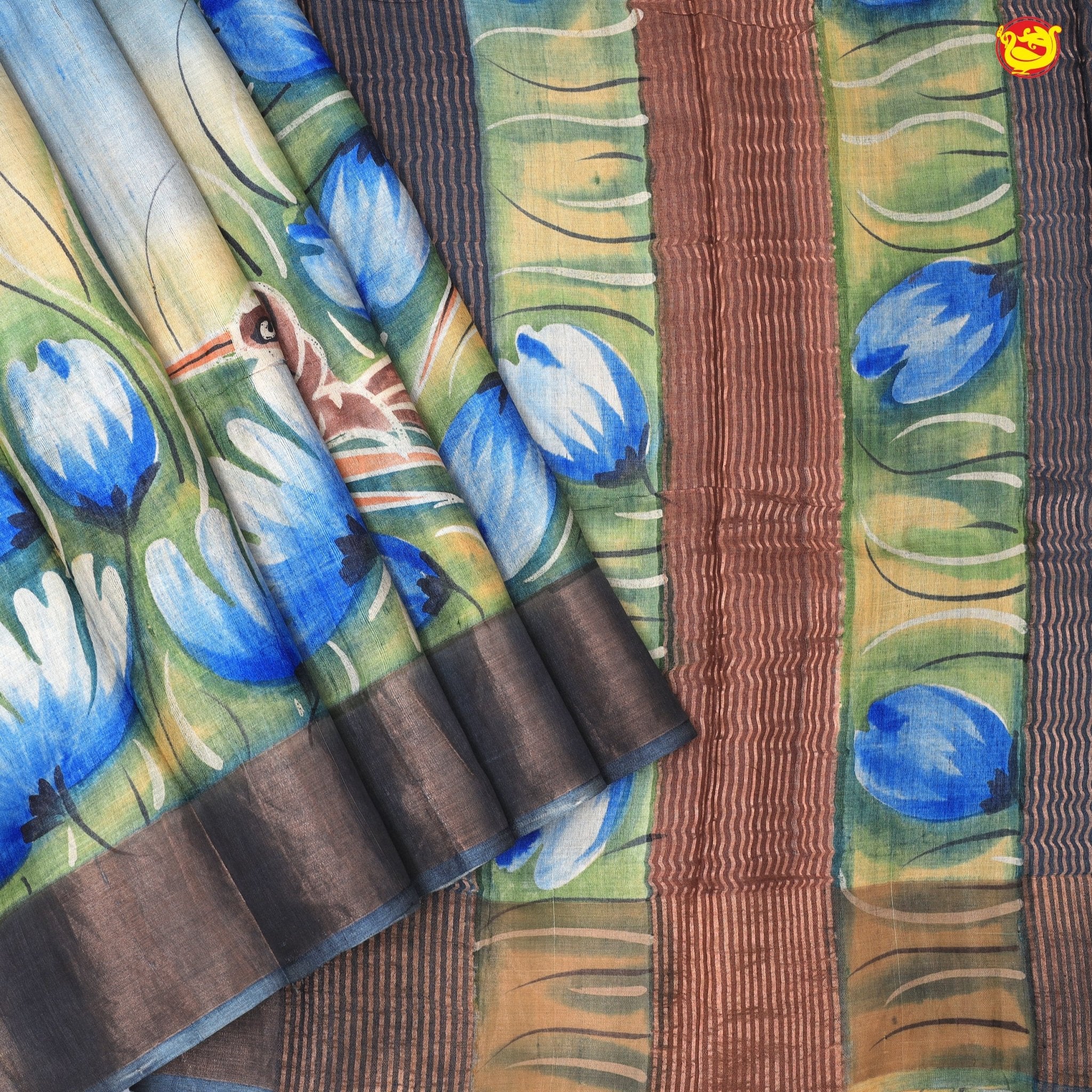 Pure Tussar Silk Saree Turquoise Blue and Dark Grey Shade With Floral Design and Painted Prints and Zari Woven Border