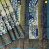 Pure Tussar Silk Saree Elaichi Green and Pastel Green Shade With Floral Design and Painted Prints and Zari Woven Border - Thenianantham