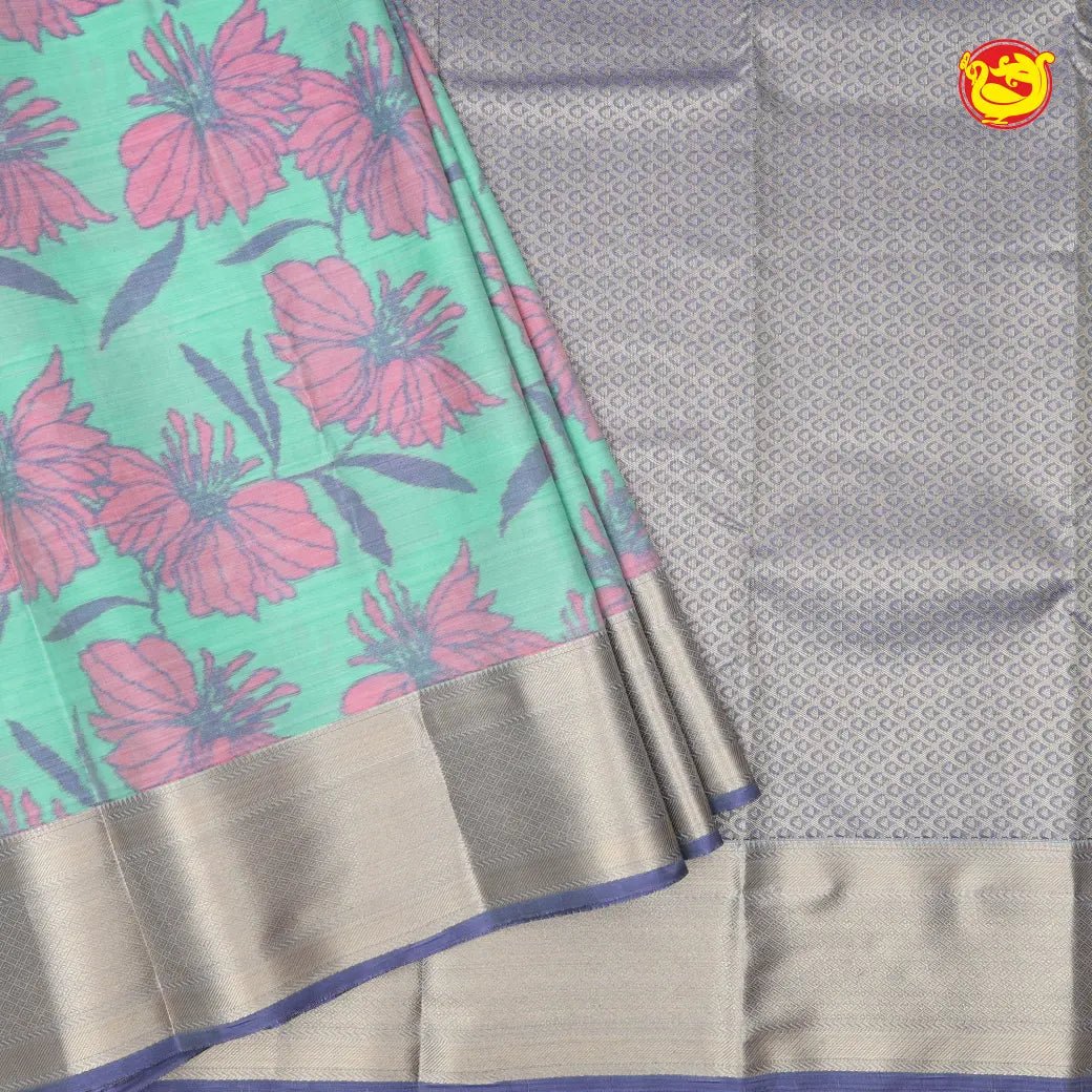 Sea Green With Blue&Gray Digital Print Soft Silk Saree