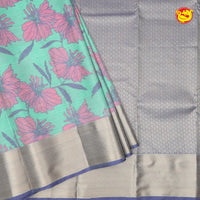 Sea Green With Blue&Gray Digital Print Soft Silk Saree - Thenianantham