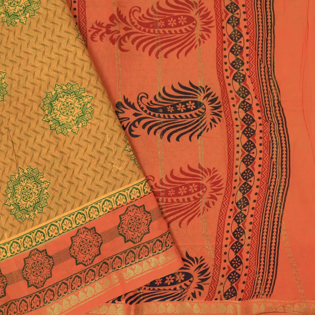Yellow with Orange  Mul Mul Cotton Saree without Blouse
