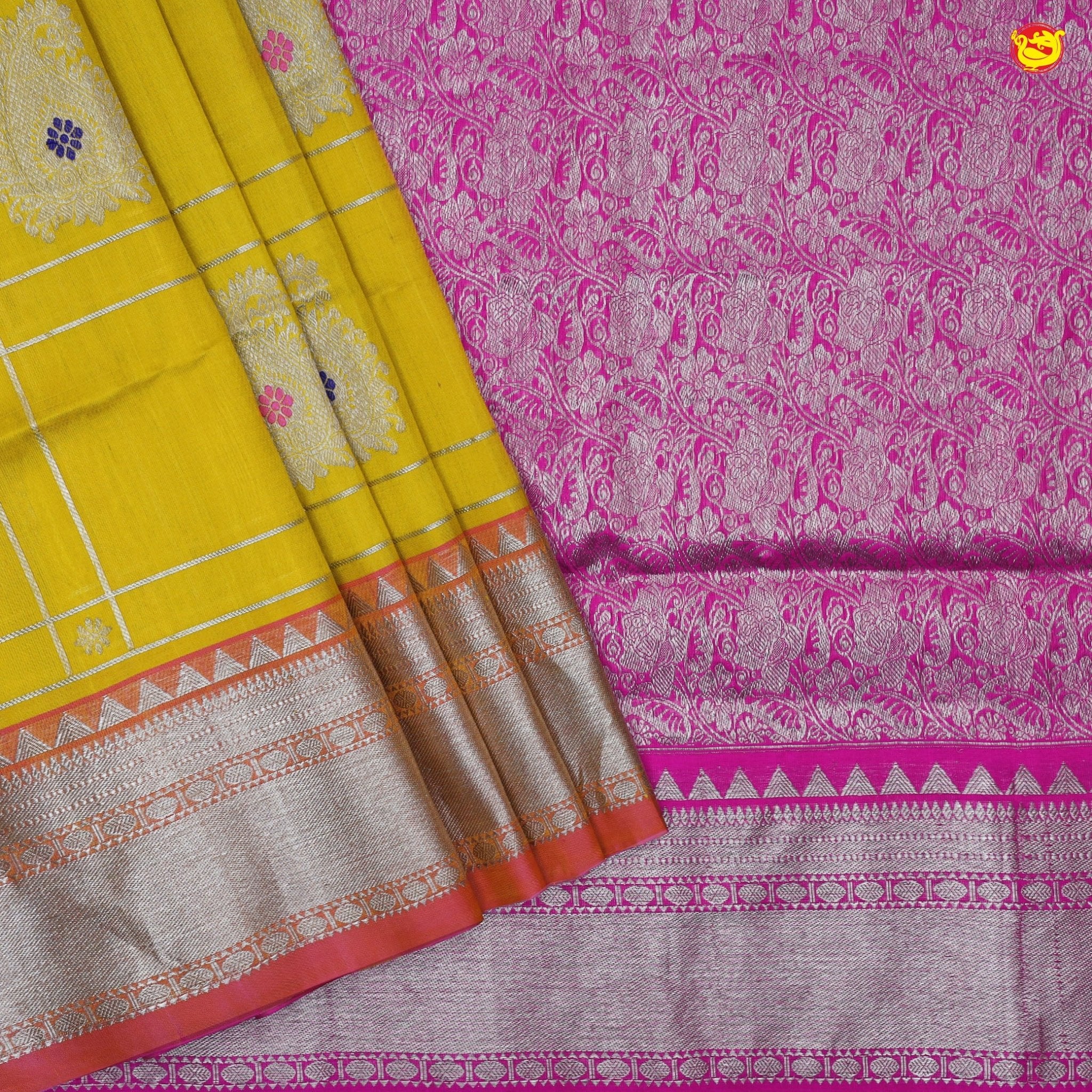 Yellow with pink Venkatagiri soft silk saree - Thenianantham