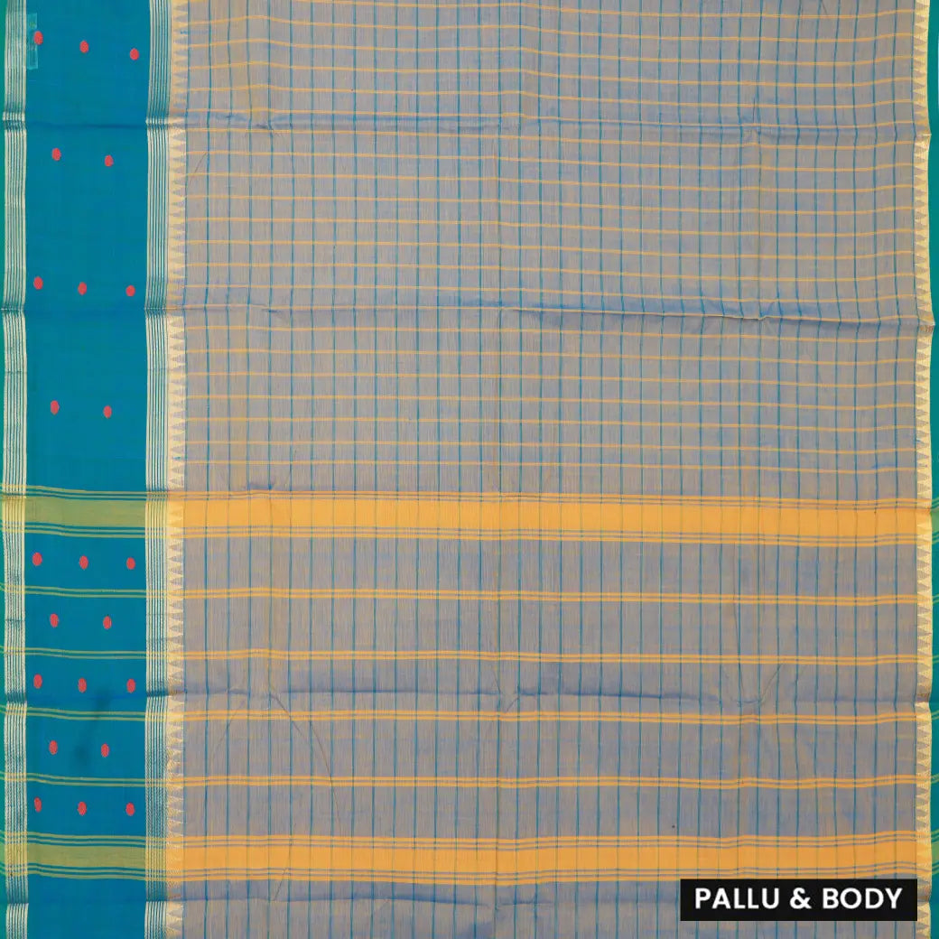 Light Blue-Gray with Blue  Checked Pattern Pure Chettinad Cotton Saree without Blouse