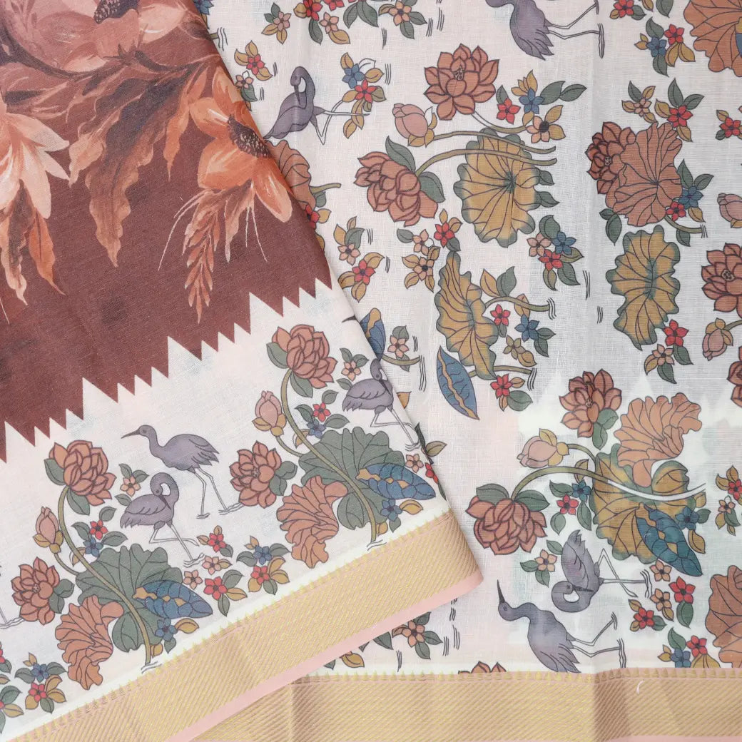 Brown with off white  priented floral design Semi Chanderi  Saree