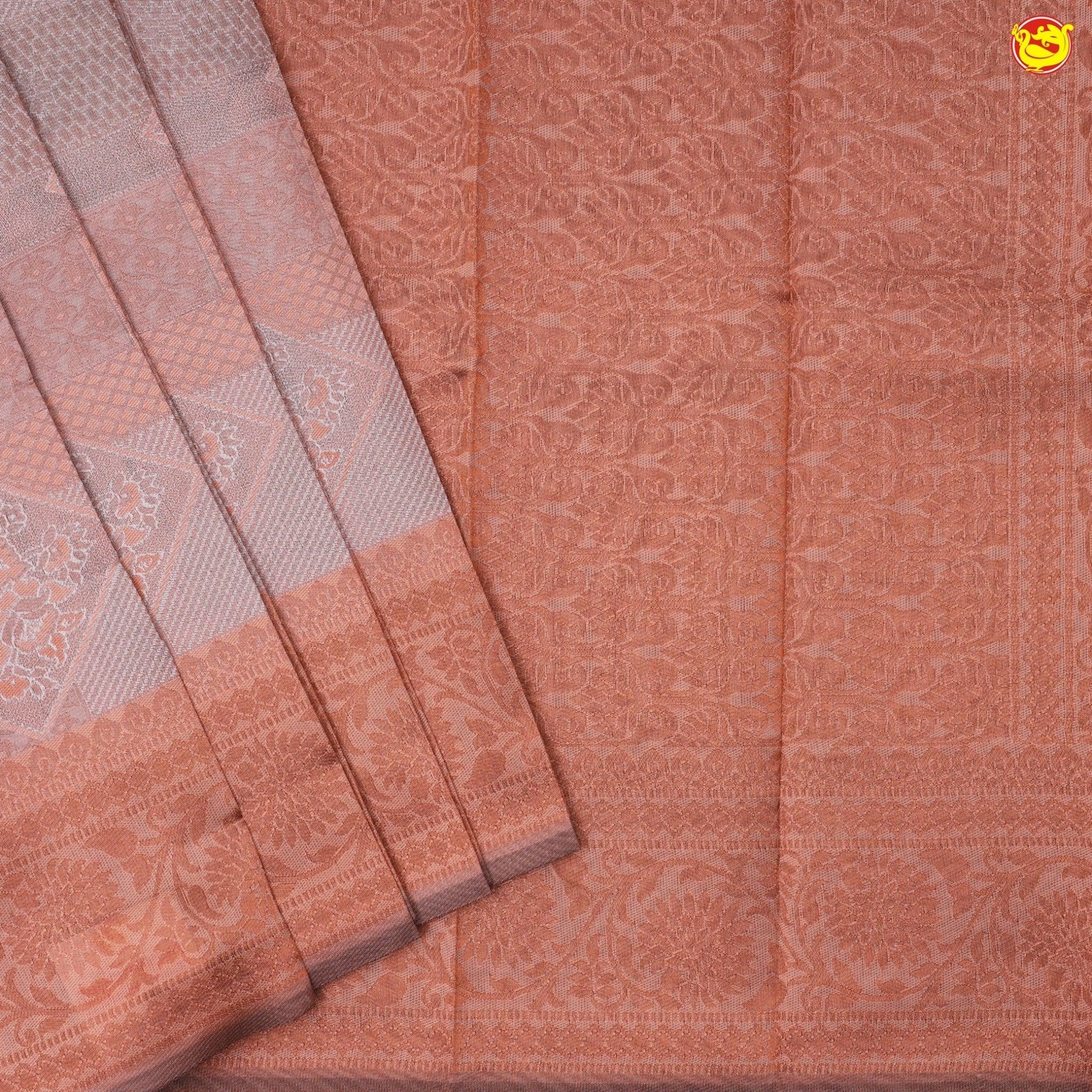 Light Orange With Light Grey Floral Design Copper Zari Semi Silk Set Sarees