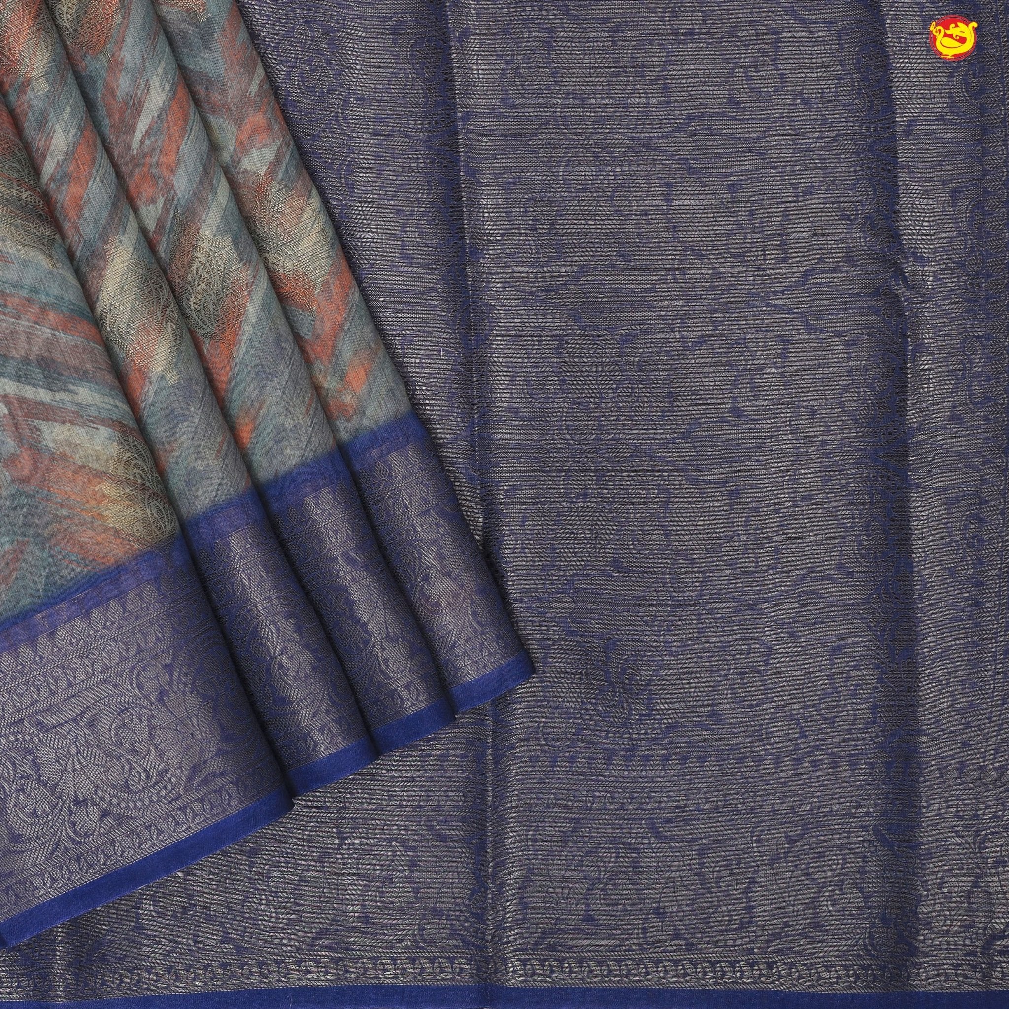 Unique Multicolour With Light Navy Blue Chanderi Silk Saree with Floral Motifs and Gold Zari Border