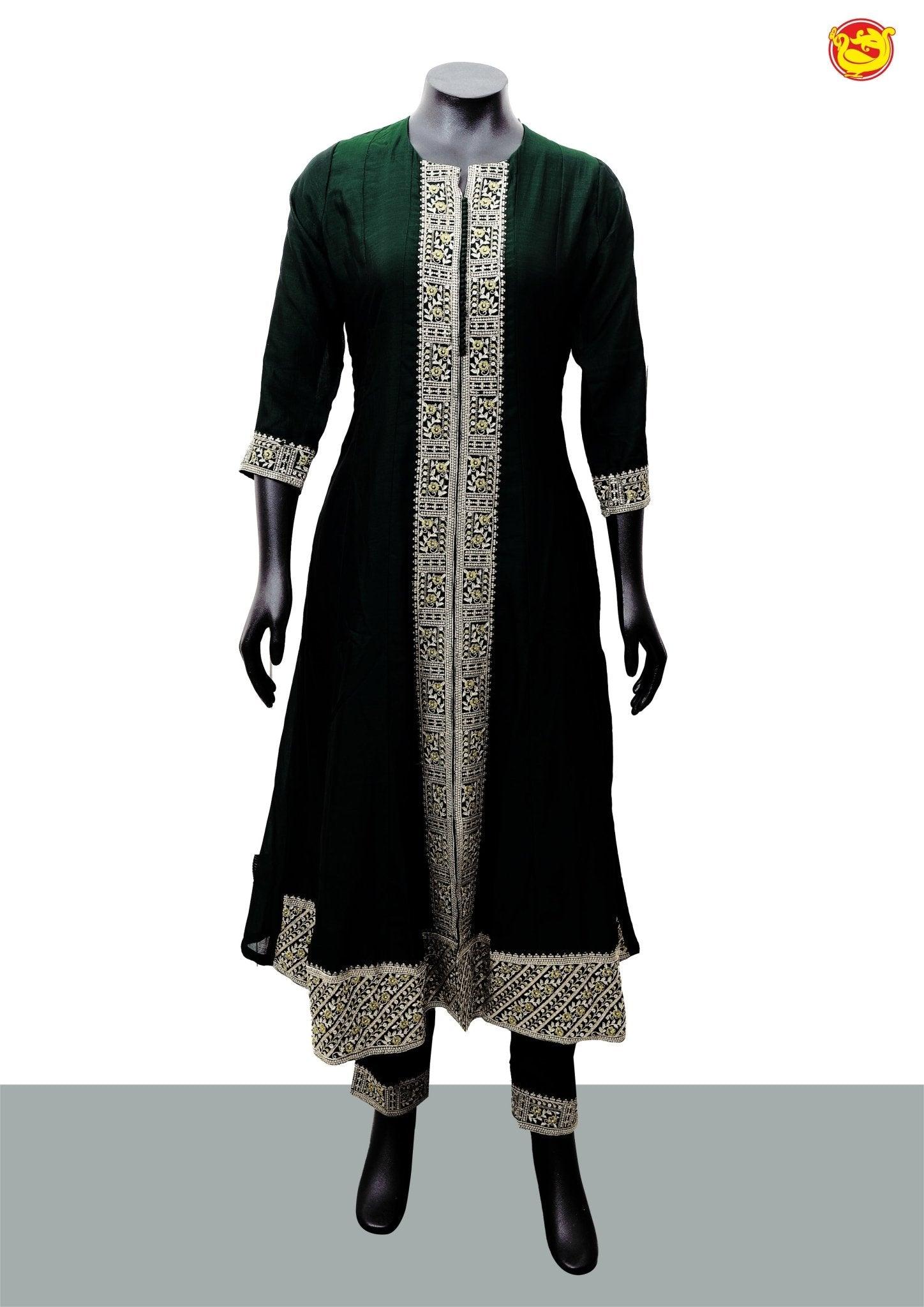 Bottle Green With Sneha Green Cotton Silk Salwar Suit With Embroidered, Thread and Zari Work