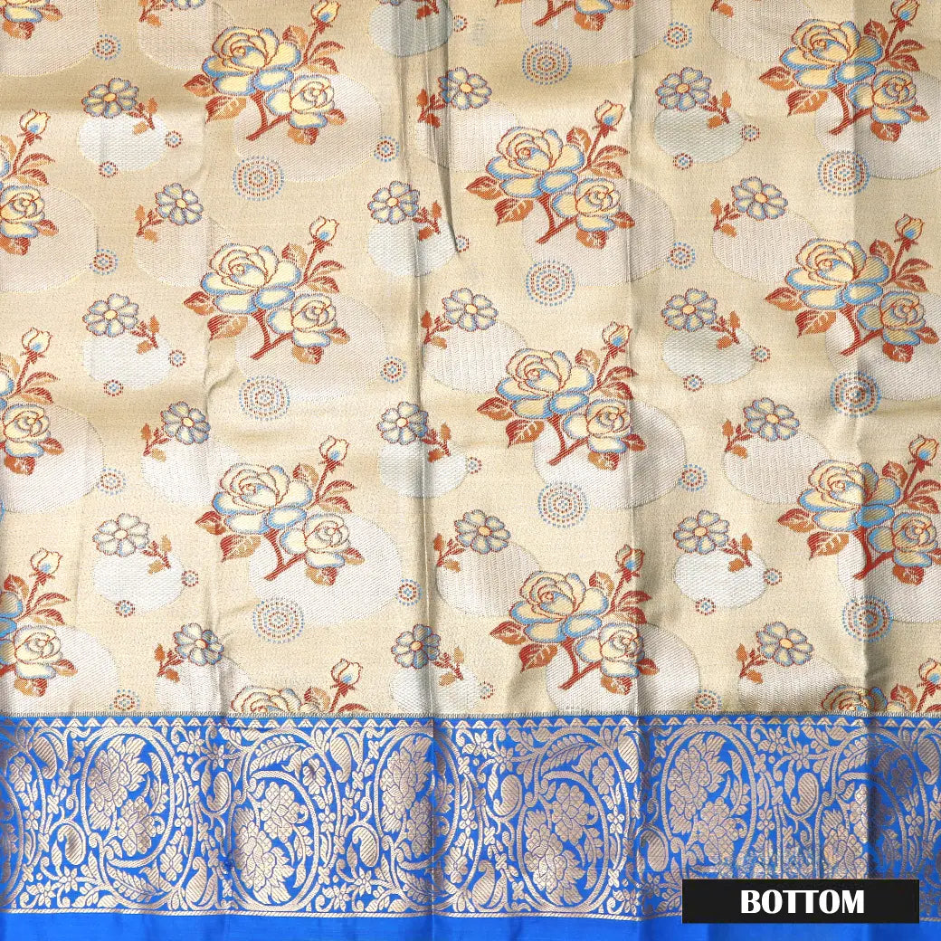 Gold  With Royal Blue Border Floral Design Traditional  Pattu Pavadai Material