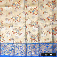 Gold  With Royal Blue Border Floral Design Traditional  Pattu Pavadai Material