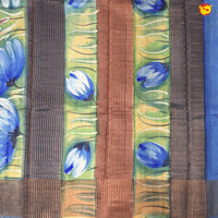 Pure Tussar Silk Saree Turquoise Blue and Dark Grey Shade With Floral Design and Painted Prints and Zari Woven Border - Thenianantham