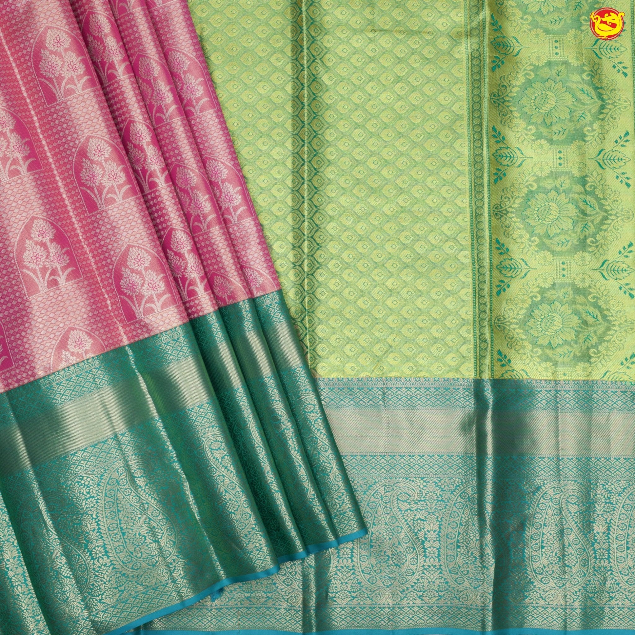 Purplish pink with green border pure Kanchipuram silk saree