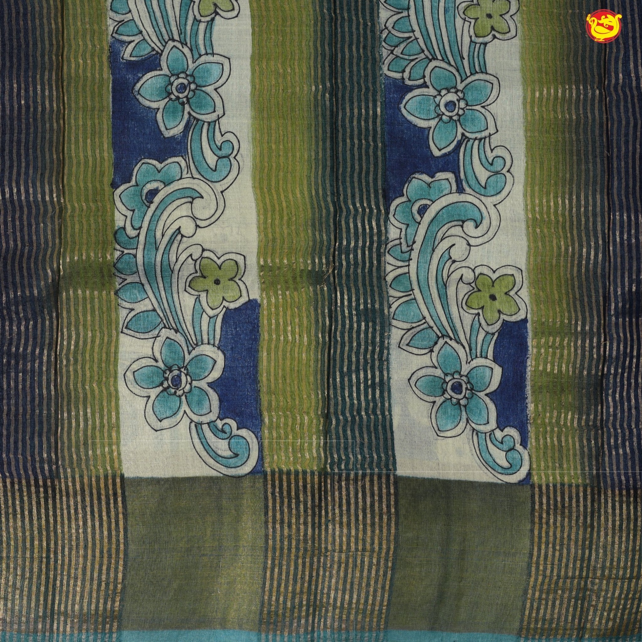 Pure Tussar Silk Saree Elaichi Green and Pastel Green Shade With Floral Design and Painted Prints and Zari Woven Border