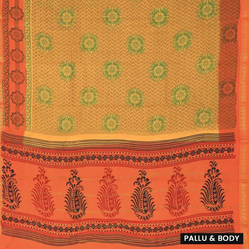 Yellow with Orange  Mul Mul Cotton Saree without Blouse