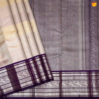 Beige With Dark Purple Stripes Motifs Gold Zari Peacock Border Pure Kanjivaram Subhalaya Wedding Silk Saree - Thenianantham