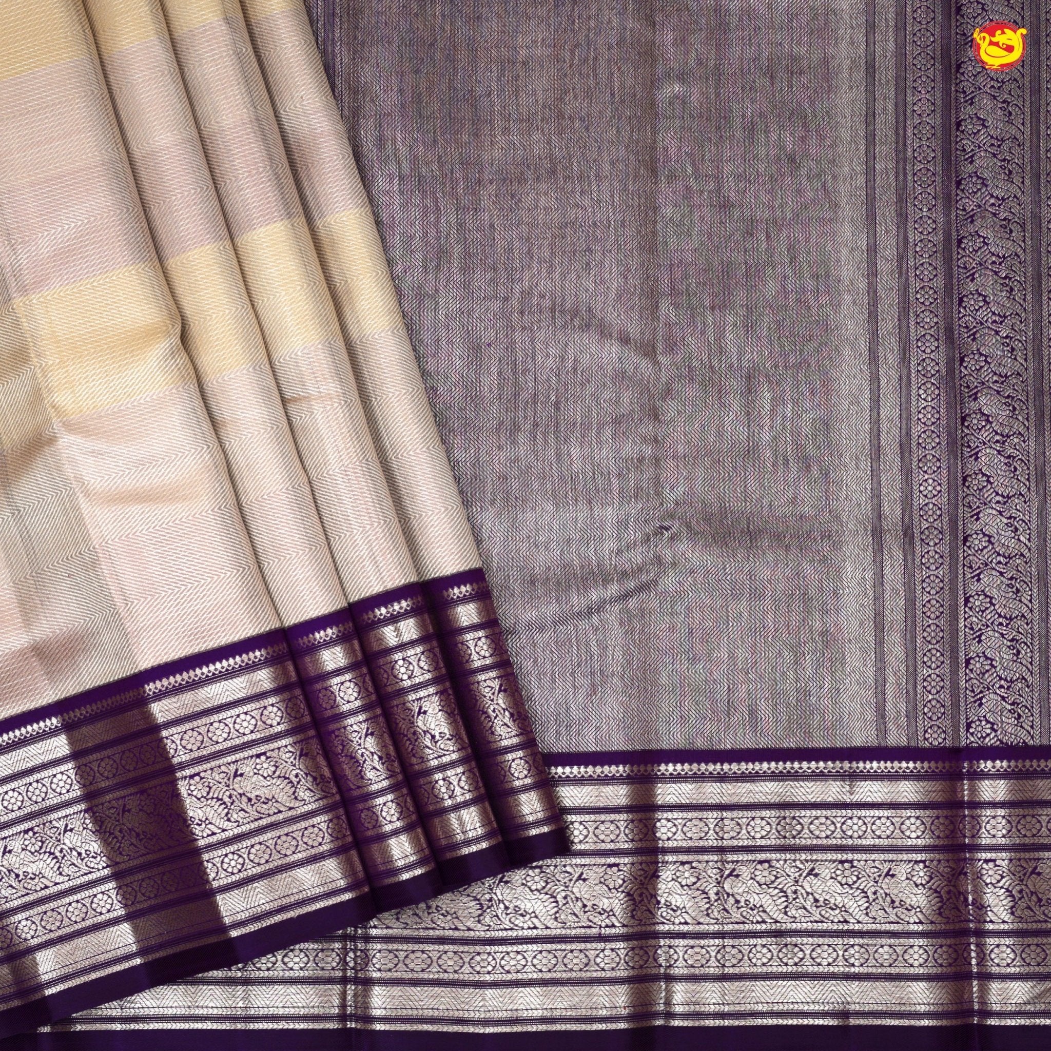 Beige With Dark Purple Stripes Motifs Gold Zari Peacock Border Pure Kanjivaram Subhalaya Wedding Silk Saree