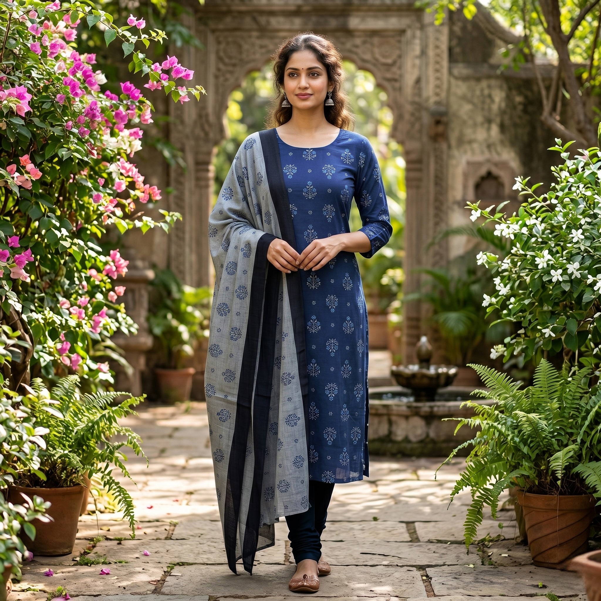 Indigo Blue With Grey Cotton Ladies Chudithar Material
