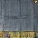 Pure Tussar Silk Saree Turquoise Blue and Dark Grey Shade With Floral Design and Painted Prints and Zari Woven Border - Thenianantham