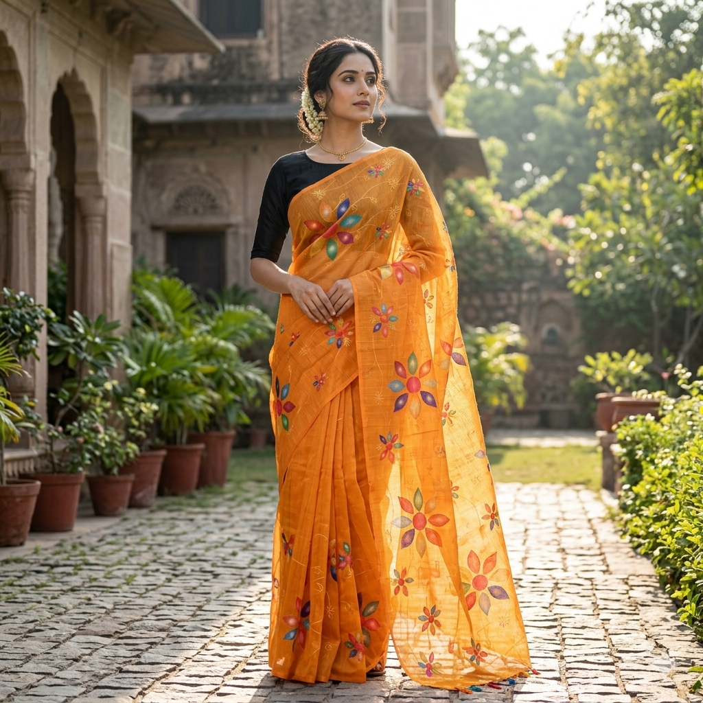 Mustard  Yellow with Floral Design Trendy Tissue Fancy Saree