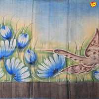 Pure Tussar Silk Saree Turquoise Blue and Dark Grey Shade With Floral Design and Painted Prints and Zari Woven Border - Thenianantham