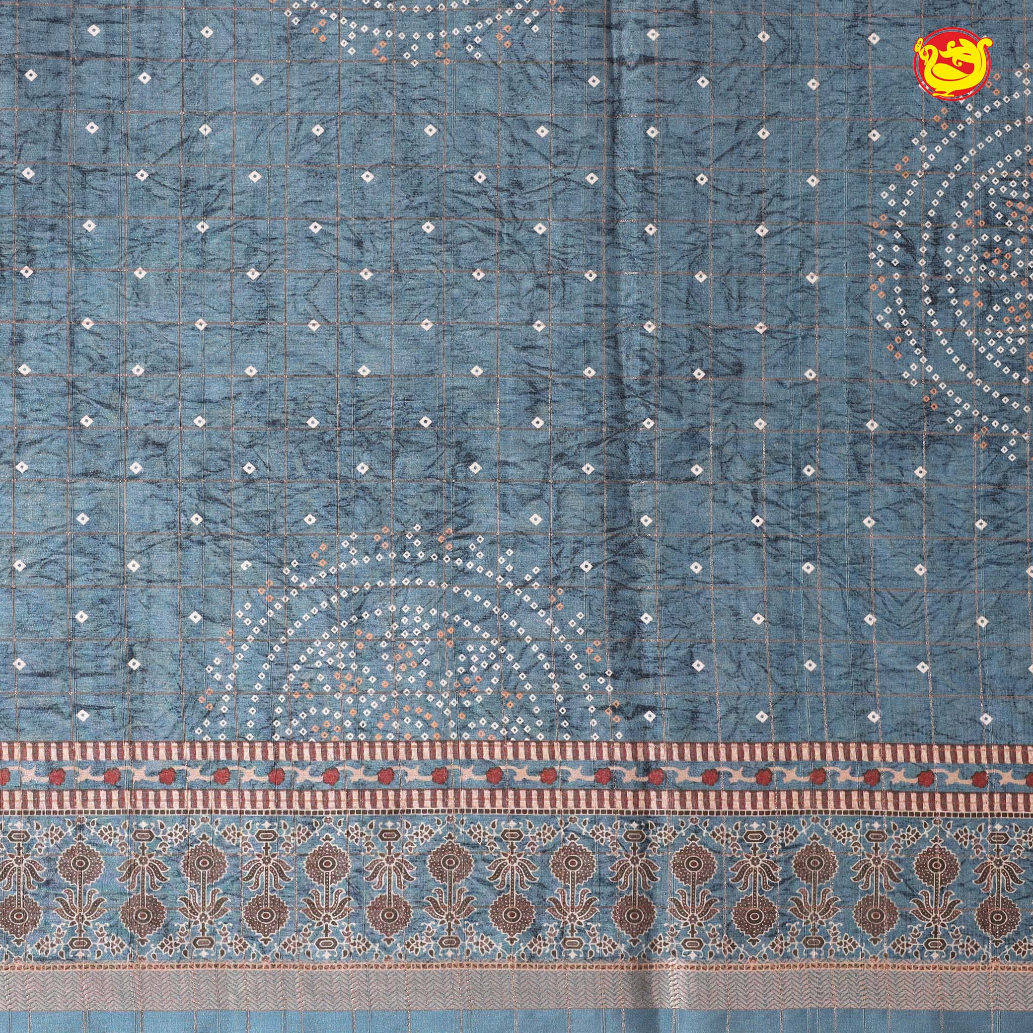 Sea Blue Bandhani Print Zari Border Russian Silk Saree