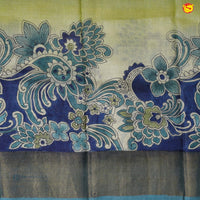 Pure Tussar Silk Saree Elaichi Green and Pastel Green Shade With Floral Design and Painted Prints and Zari Woven Border - Thenianantham