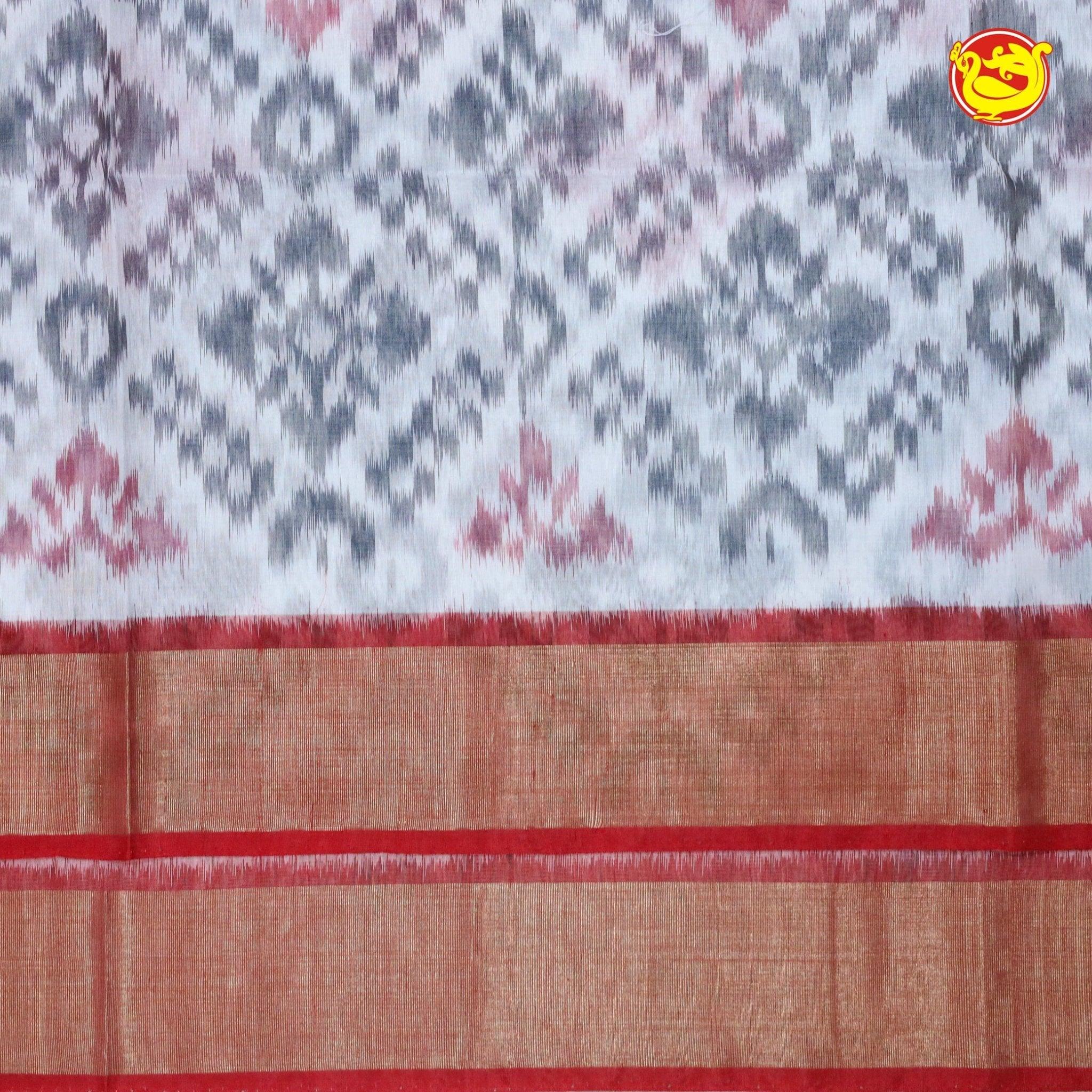 White With Red Ikat Soft Silk Saree - Thenianantham