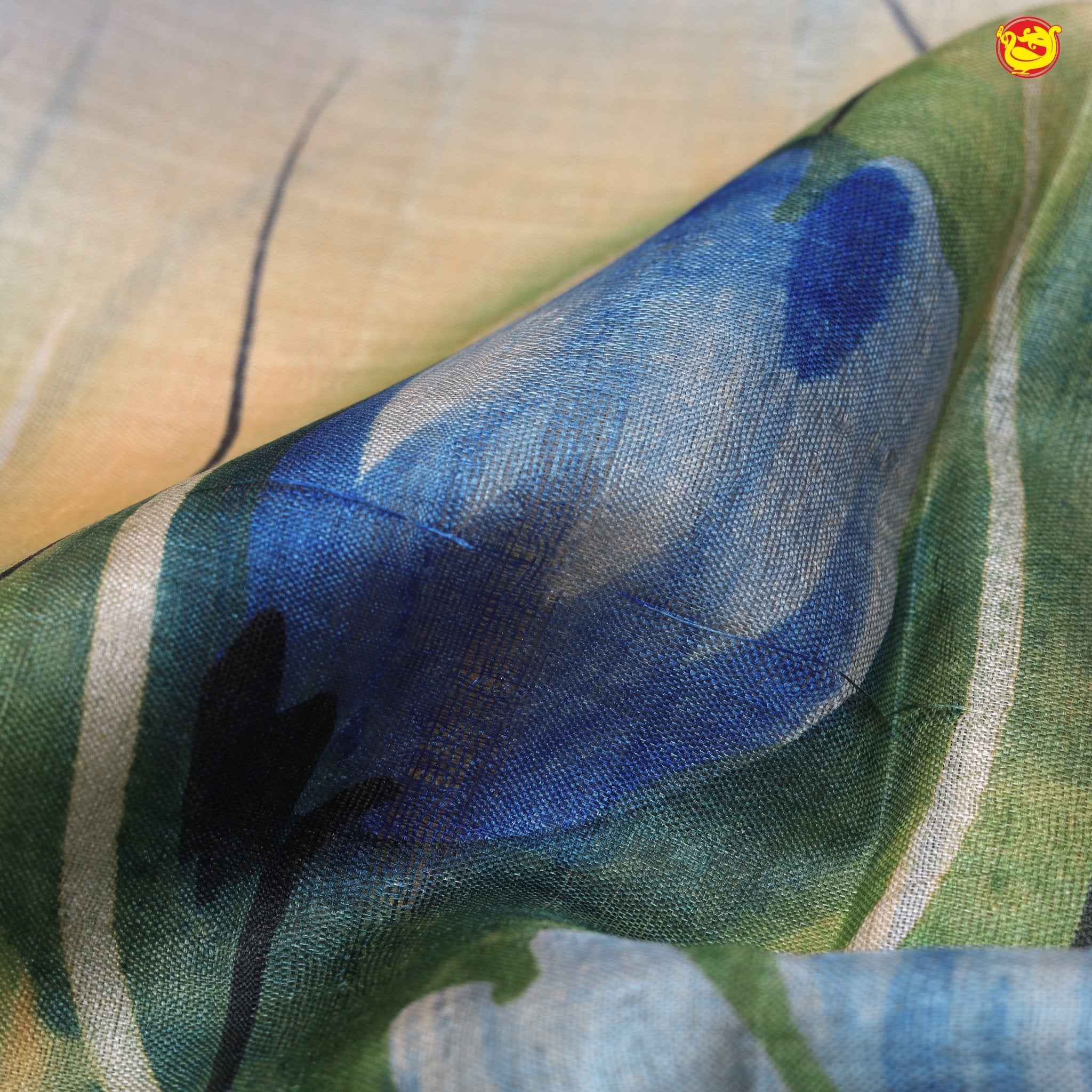 Pure Tussar Silk Saree Turquoise Blue and Dark Grey Shade With Floral Design and Painted Prints and Zari Woven Border - Thenianantham