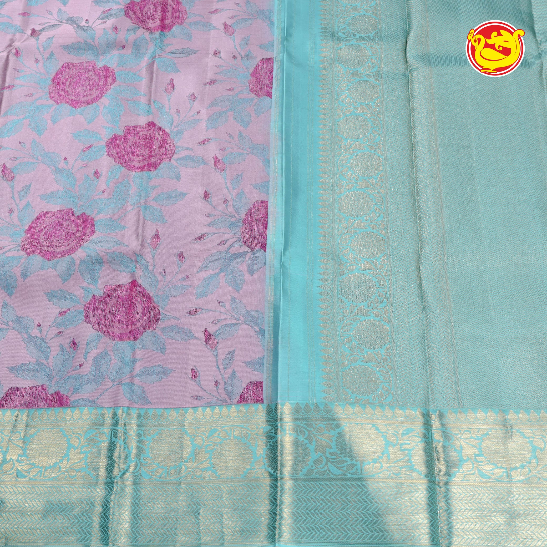 Onion pink with light blue floral woven pure silk saree