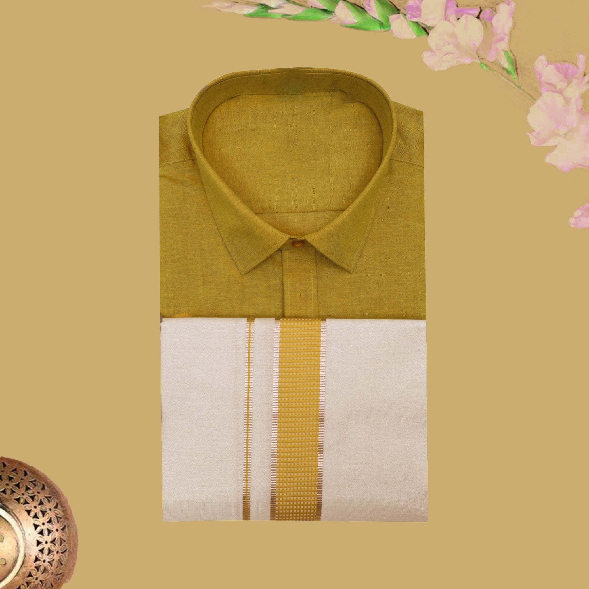 Mustard Cotton Readymade Shirt and Flexi Fit Dhoti