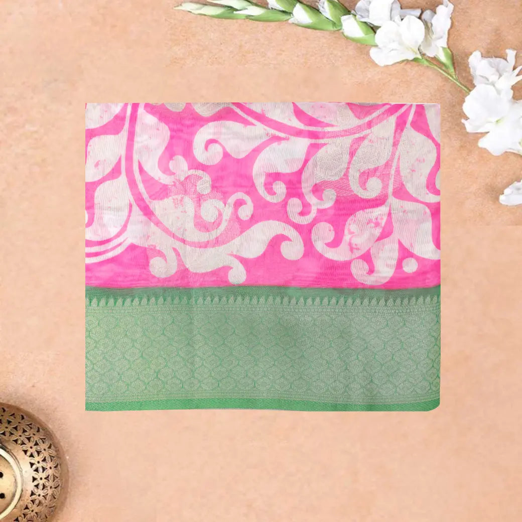 Pink with Light Green Paisley Design Pattern Semi Burberry Silk Saree