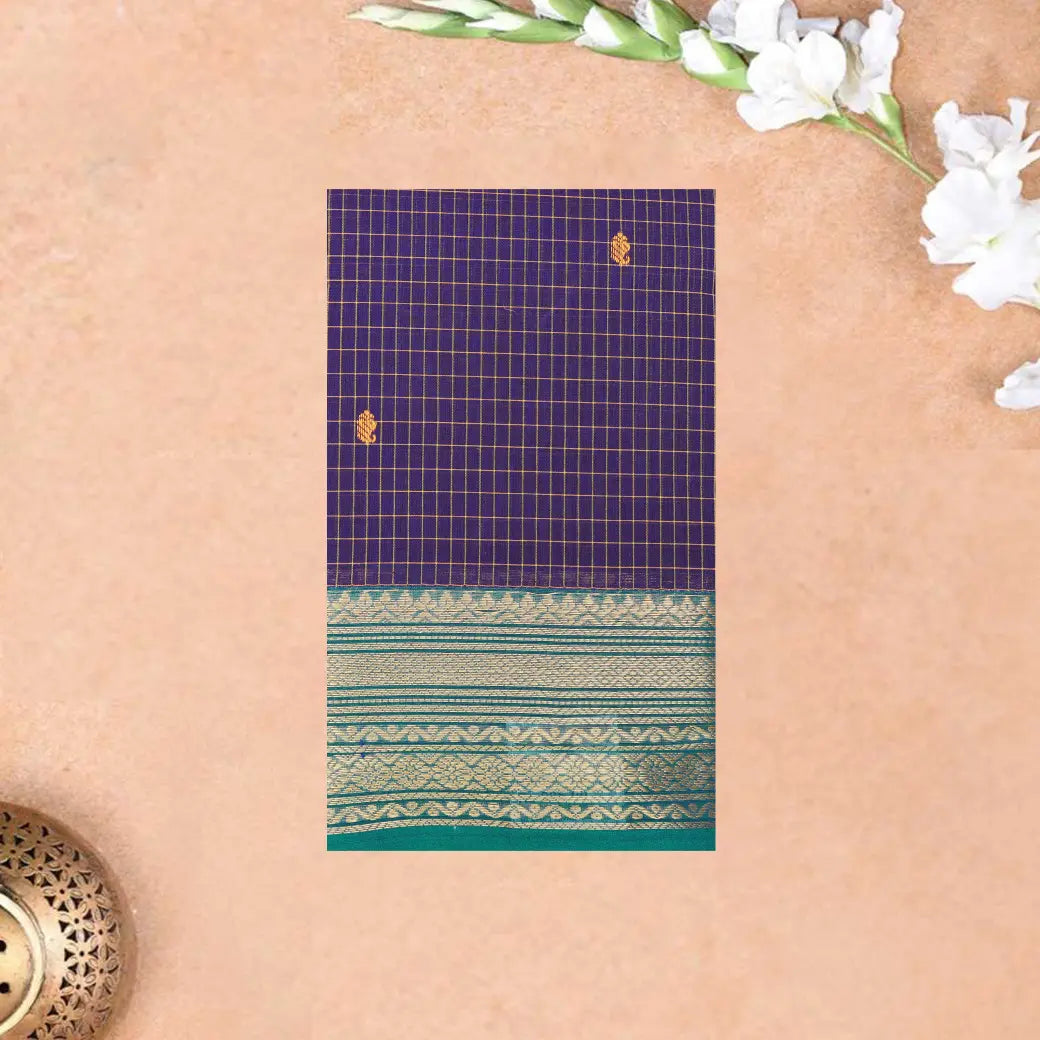 Purple with Green Small Checked Pattern Pure Chettinad Cotton Saree without Blouse
