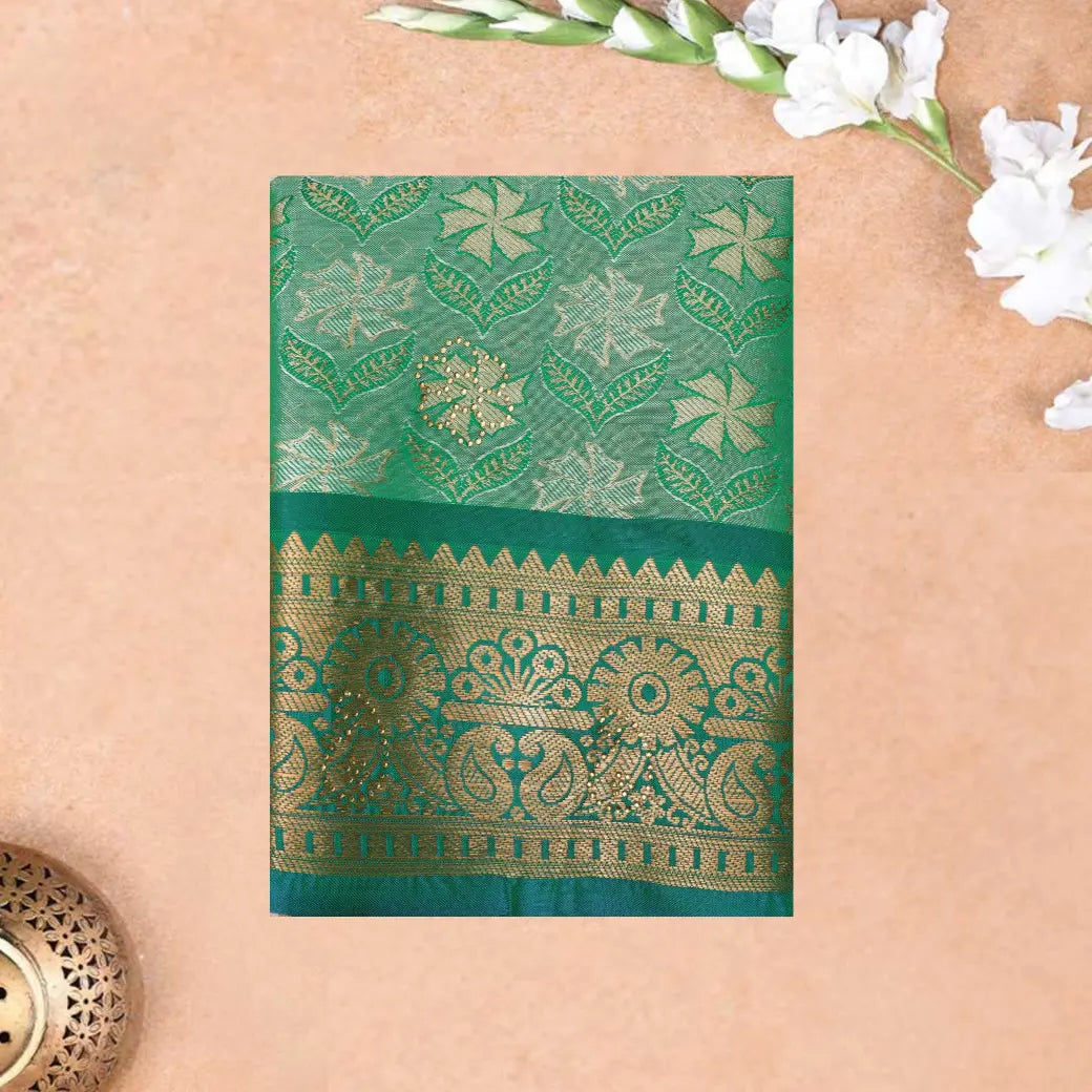 Green Colour Floral Design Traditional  Pattu Pavadai Material