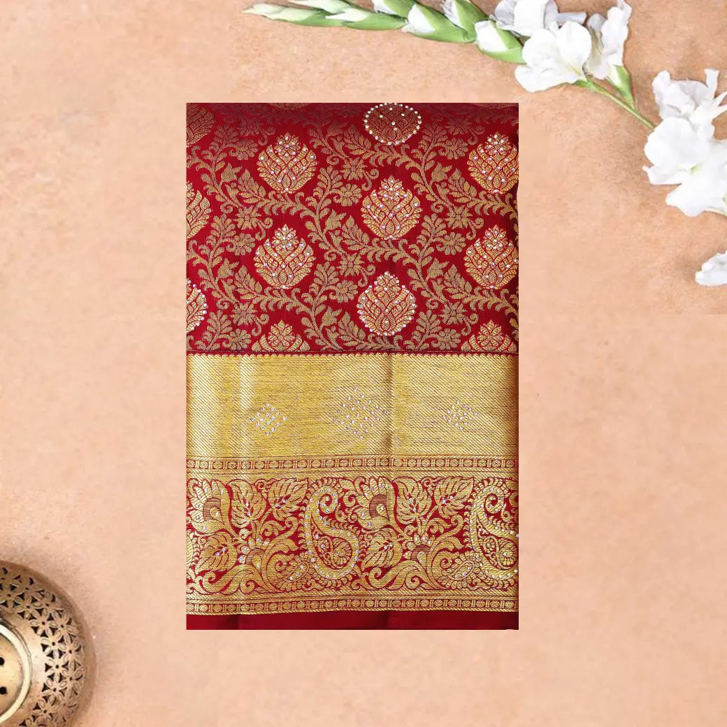 Maroon  with Gold Zari Border Wedding Silk Saree