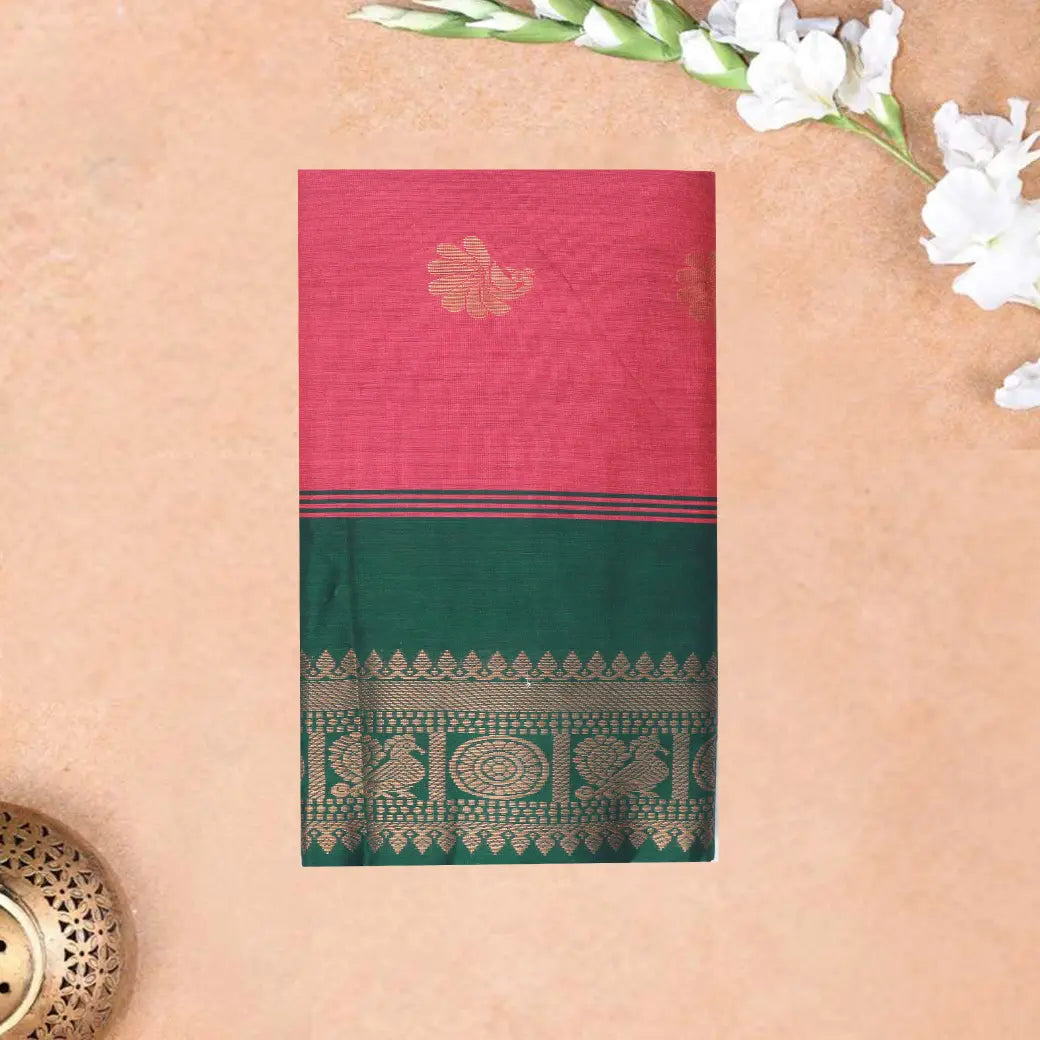Pink  With Green Premium Quality Kalyani Cotton Saree