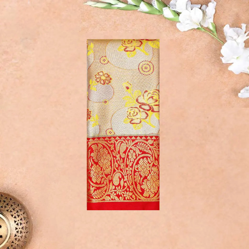 Peach Gold  With Red  Border Yellow Floral Design Traditional  Pattu Pavadai Material