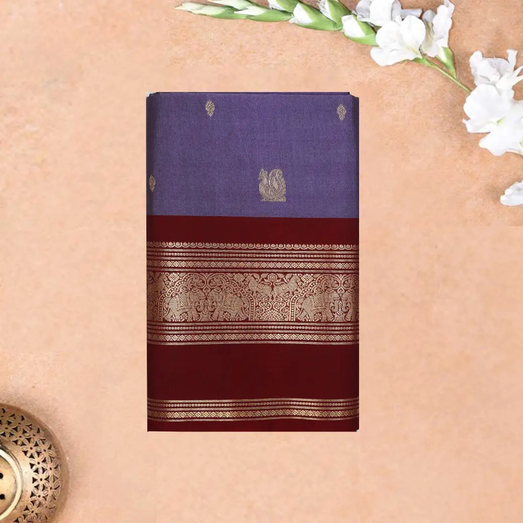 Light Purple With Maroon Copper Zari Border Soft Silk Saree