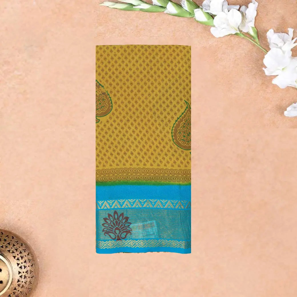 Yellow with Blue  Mul Mul Cotton Saree without Blouse