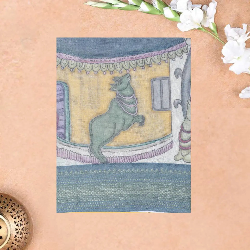 Off white with greyblue  priented floral design Semi Chanderi  Saree