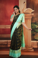 Black With Teal Green Copper Zari Border Soft Silk Saree