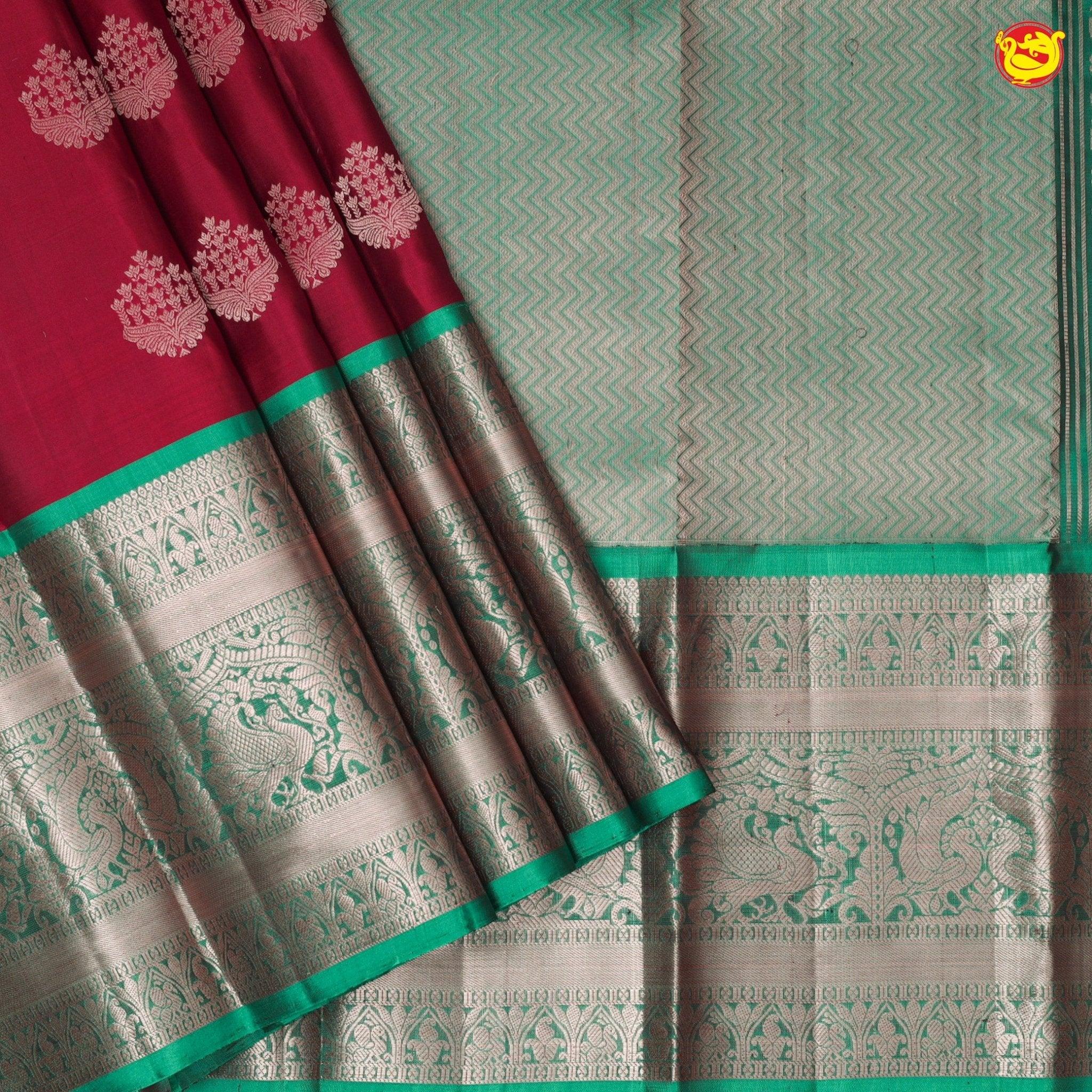 Red With Peacock Green Floral Motifs Copper Zari Long Border Pure Kanjivaram Subhalaya Soft Silk Saree - Thenianantham