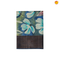 Pure Tussar Silk Saree Turquoise Blue and Sea Blue Shade With Floral Design and Painted Prints and Zari Woven Border - Thenianantham