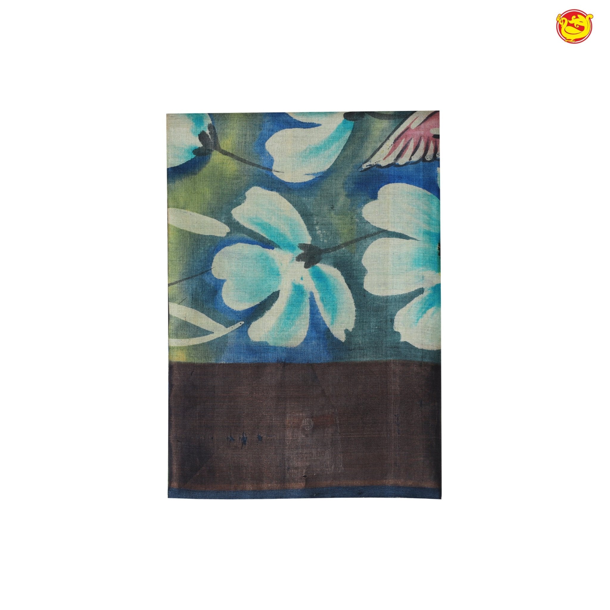 Pure Tussar Silk Saree Turquoise Blue and Sea Blue Shade With Floral Design and Painted Prints and Zari Woven Border