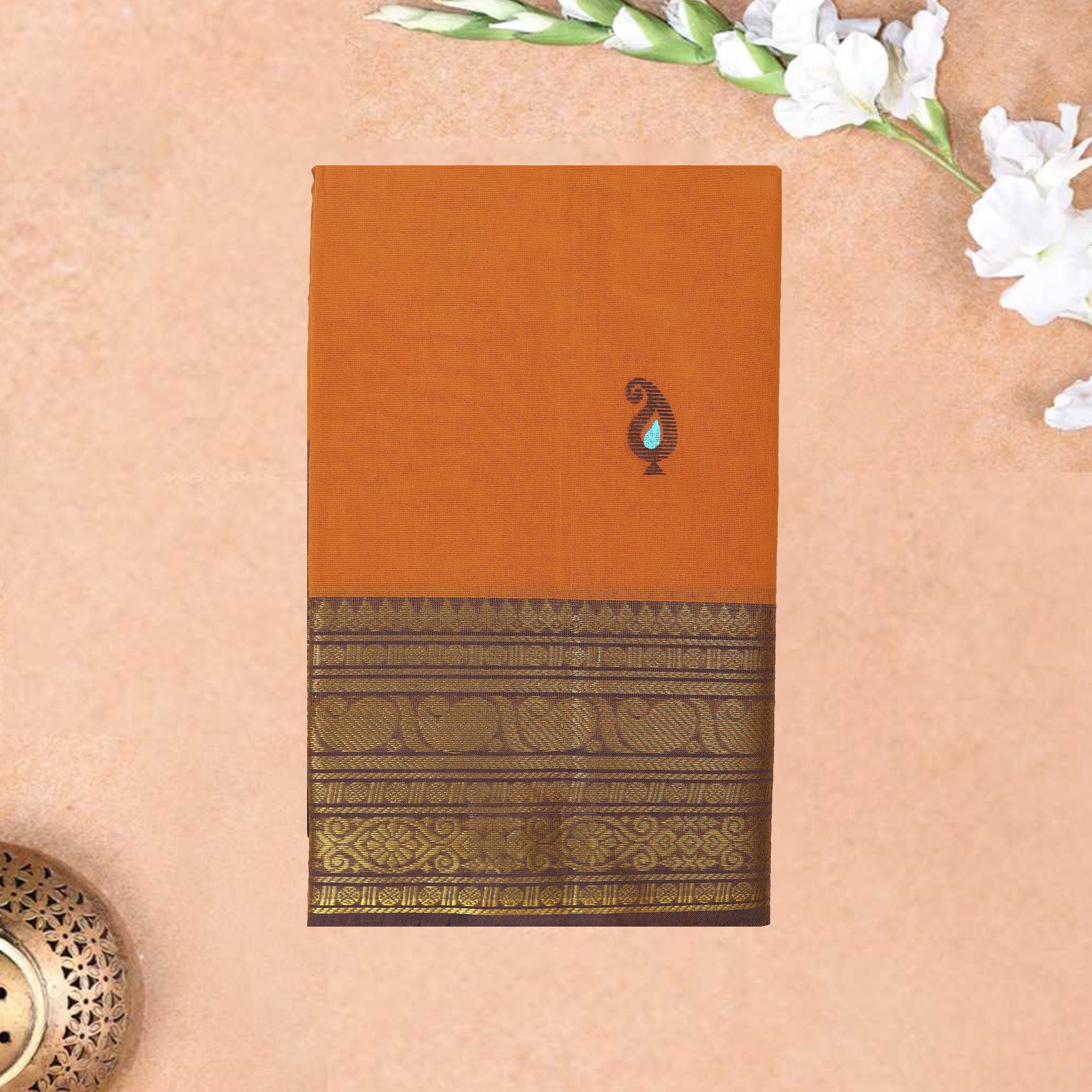 Orange With Blue Pure Cotton Saree without Blous