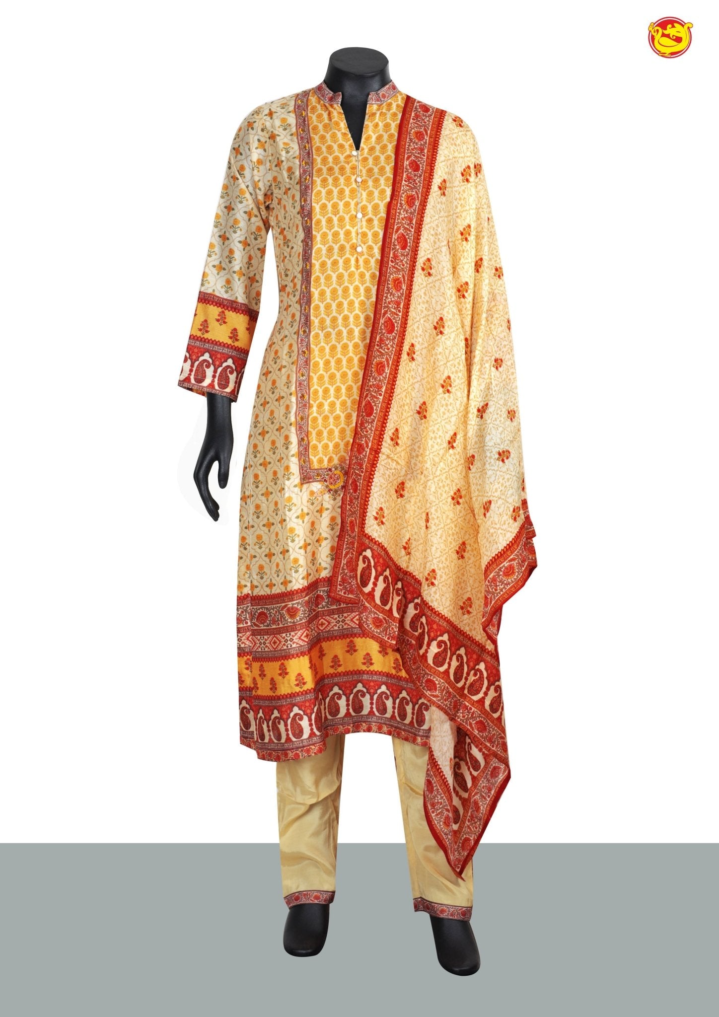 Half White and Mustard Yellow Floral Digital Print With Handwork Design and Collar Neck Ladies Branded Readymade Straight Cut Chudi Set - Thenianantham