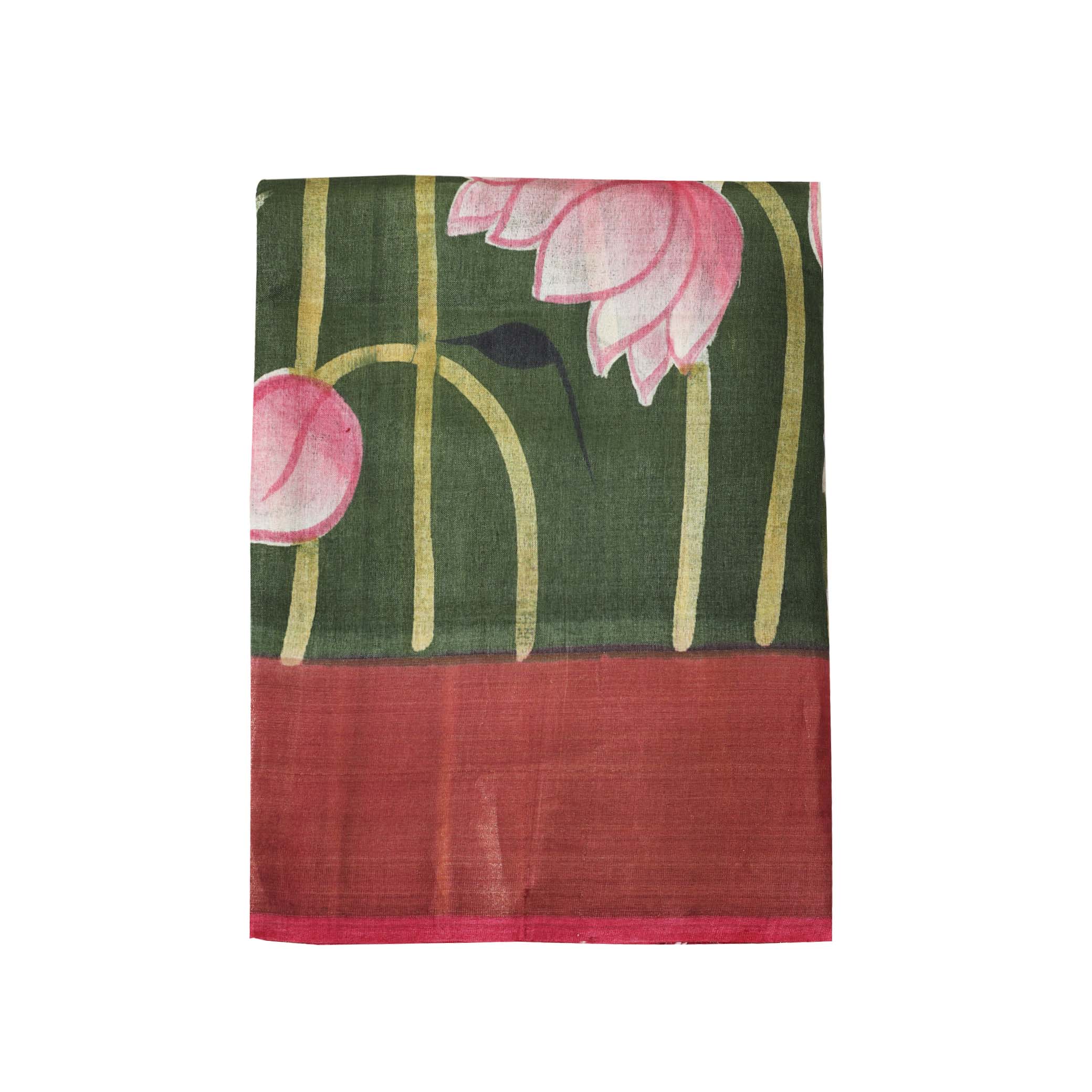 Pure Tussar Silk Saree Elaichi Green and Pastel Pink Shade With Floral Design and Painted Prints and Zari Woven Border