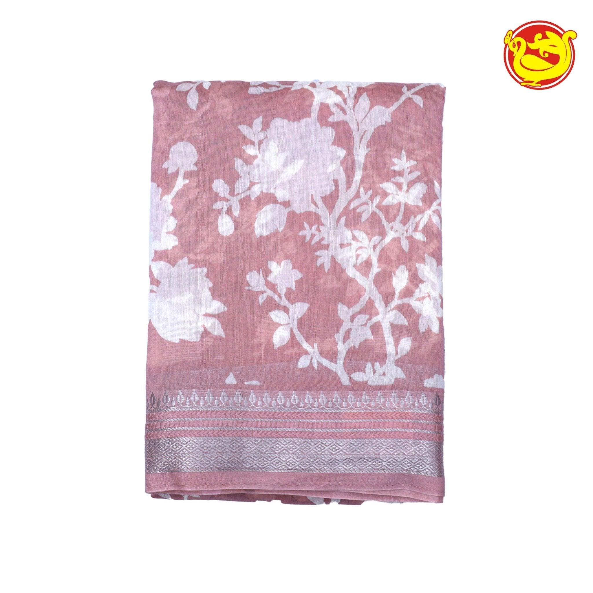 Peach With White Chanderi Silk Saree