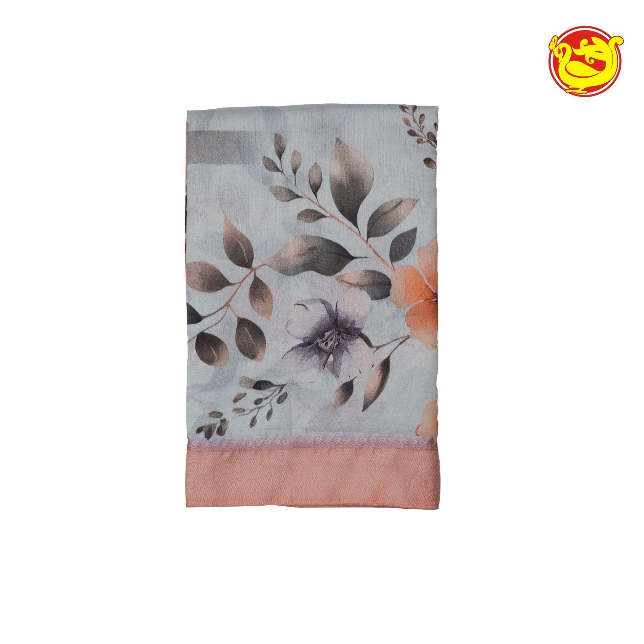 Dupion Half White Printed Saree With Floral Motifs,Zari Design Border & Intricate Pallu - Thenianantham